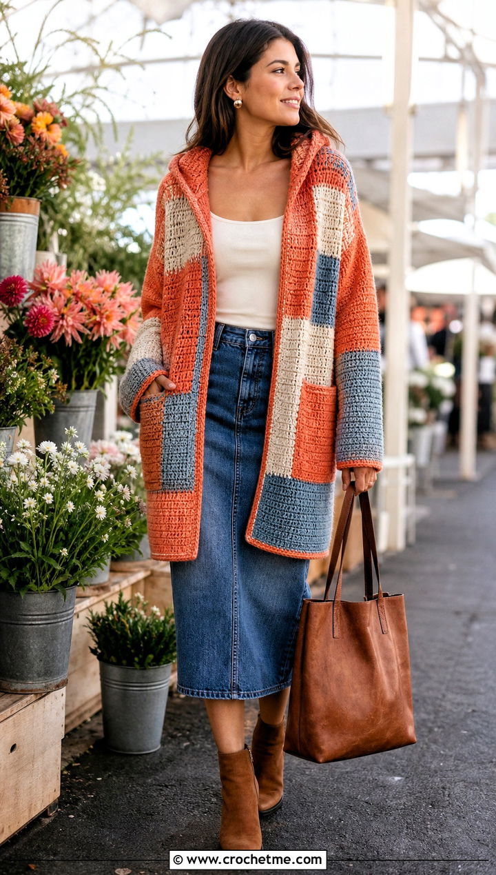 Patchwork Hooded Crochet Cardigan Sweater With Denim Skirt - 25 Hooded Crochet Sweater outfit ideas