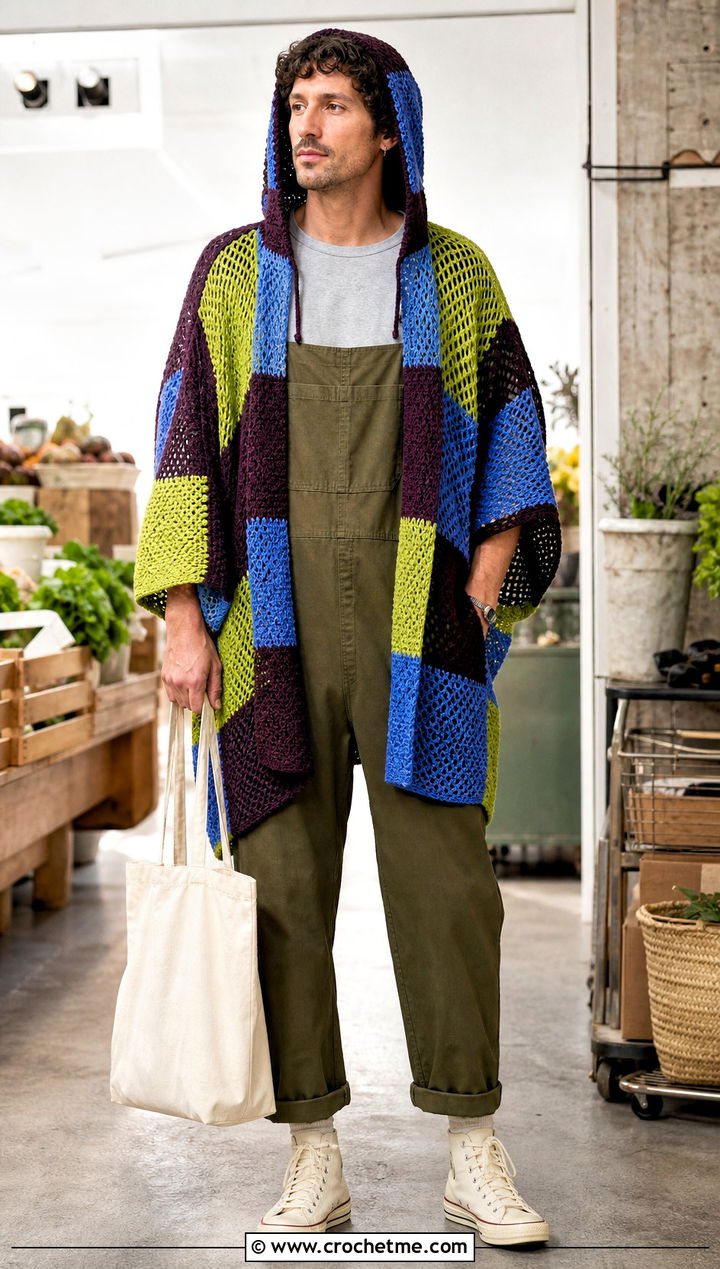Patchwork Hooded Crochet Poncho With Utility Overalls - 15 mens hooded crochet poncho outfit ideas