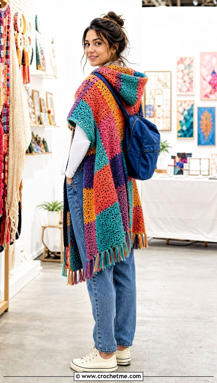 Patchwork Hooded Crochet Ruana With Denim Overalls - 20 Hooded Crochet Ruana outfit ideas