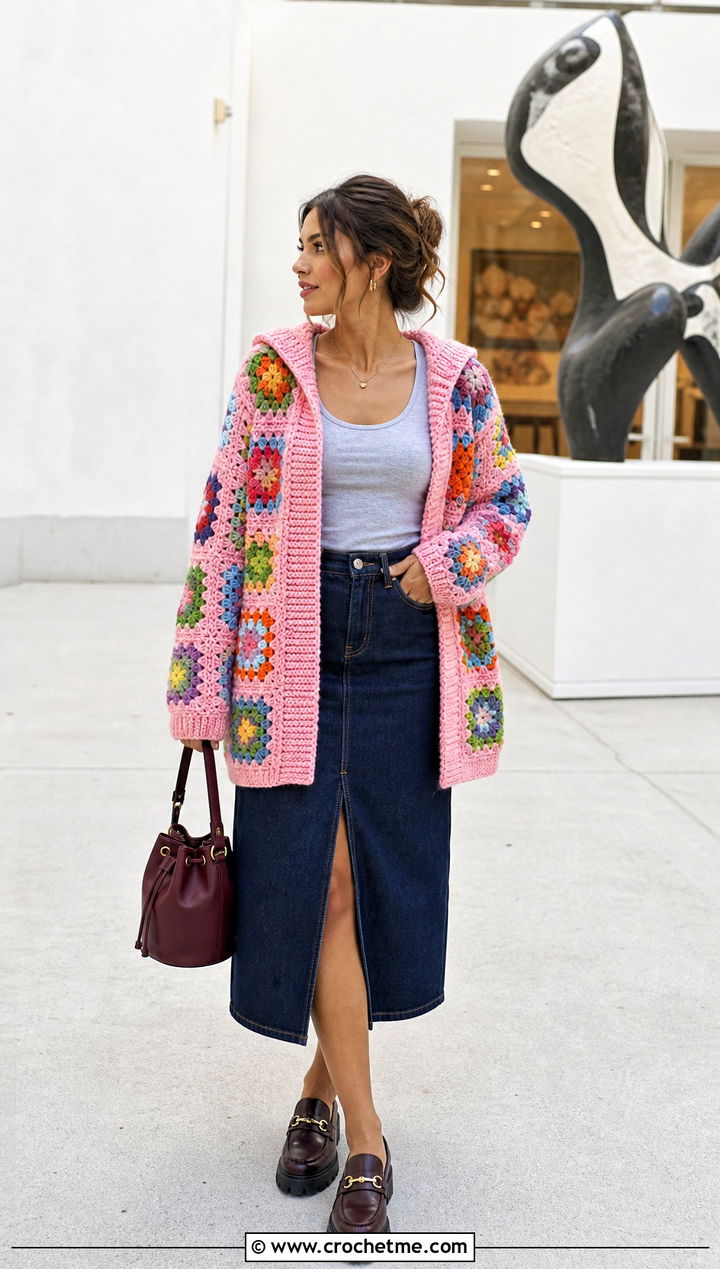 Patchwork Hooded Granny Square Cardigan With Denim Skirt - 30 granny square cardigan with hood outfit ideas