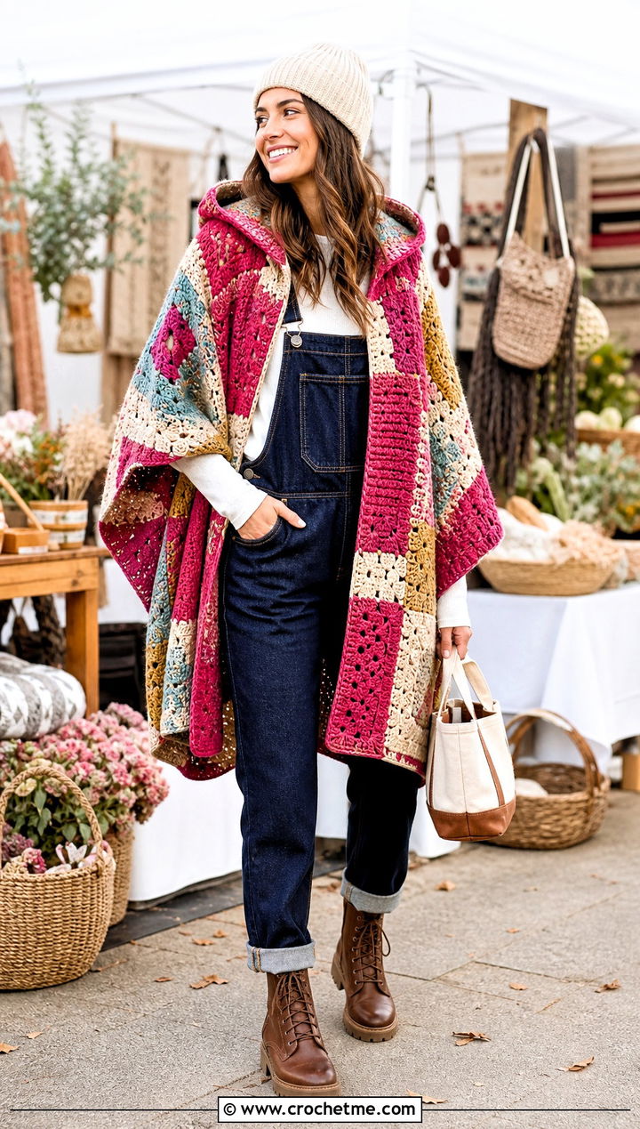 Patchwork Hooded Poncho With Denim Overalls - 35 Crochet Hooded Poncho outfit ideas