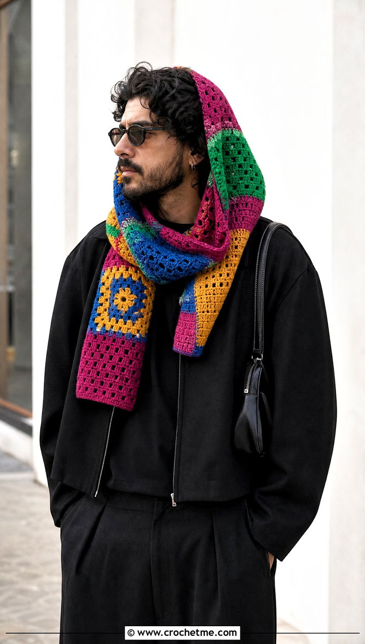 Patchwork Hooded Scarf With All Black Outfit - 20 Crochet Hooded Scarf For Men outfit ideas