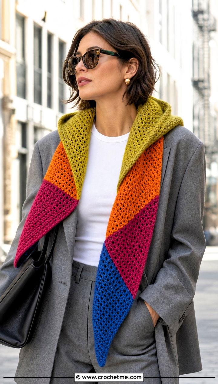 Patchwork Hooded Triangle Crochet Scarf With Blazer - 25 Hooded Triangle Crochet Scarf outfit ideas