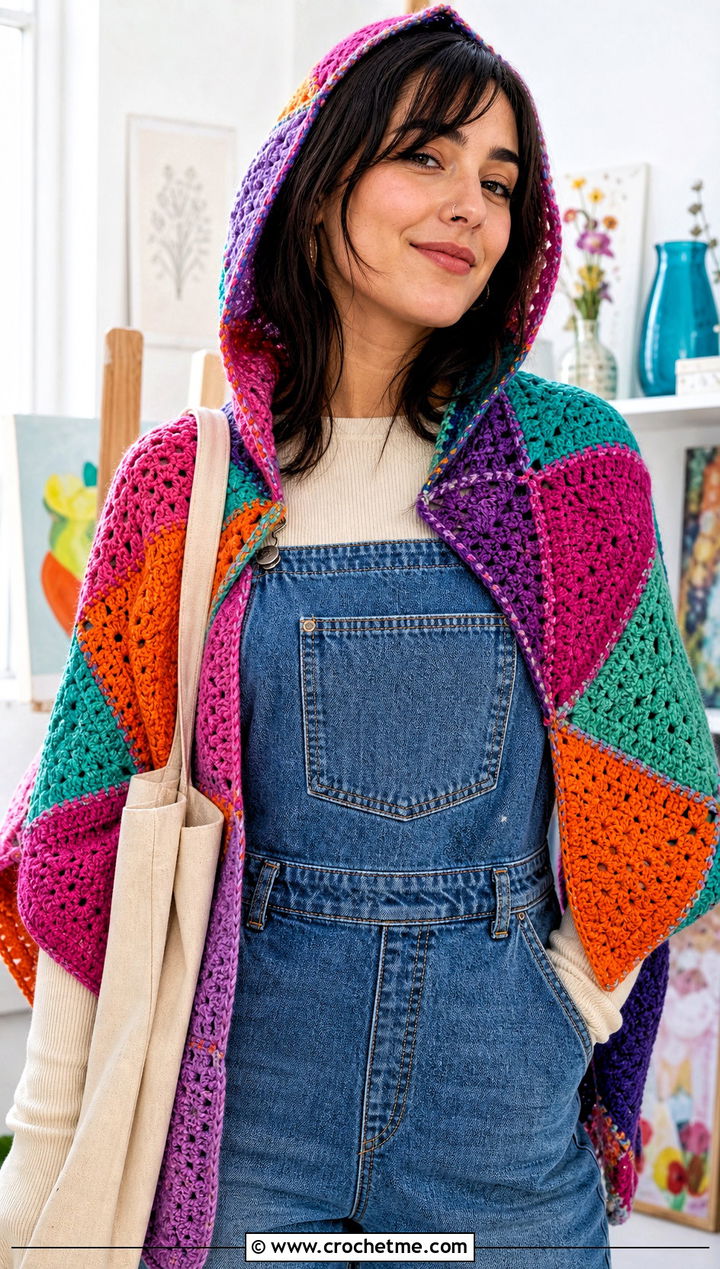 Patchwork Hooded Triangle Crochet Shawl With Denim Overalls - 25 Hooded Triangle Crochet Shawl outfit ideas