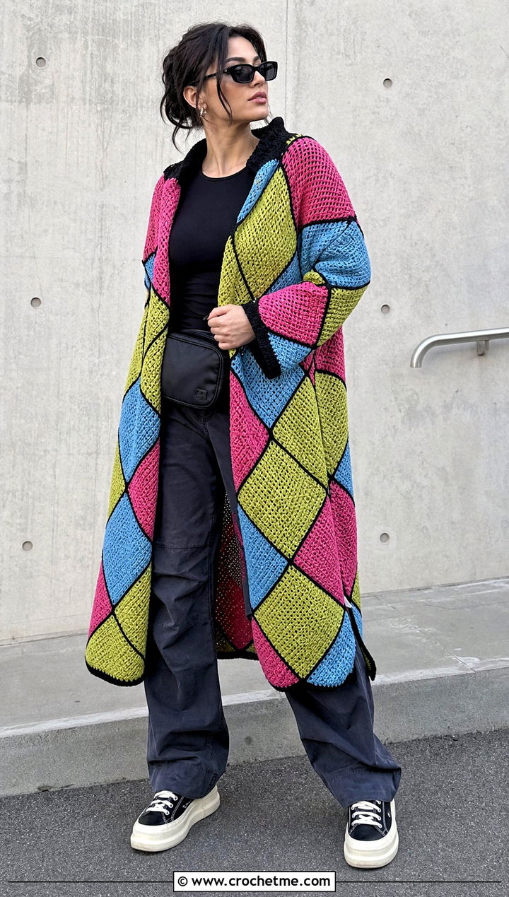 Patchwork Howl Crochet Coat With Cargo Pants - 25 howl crochet coat outfit ideas
