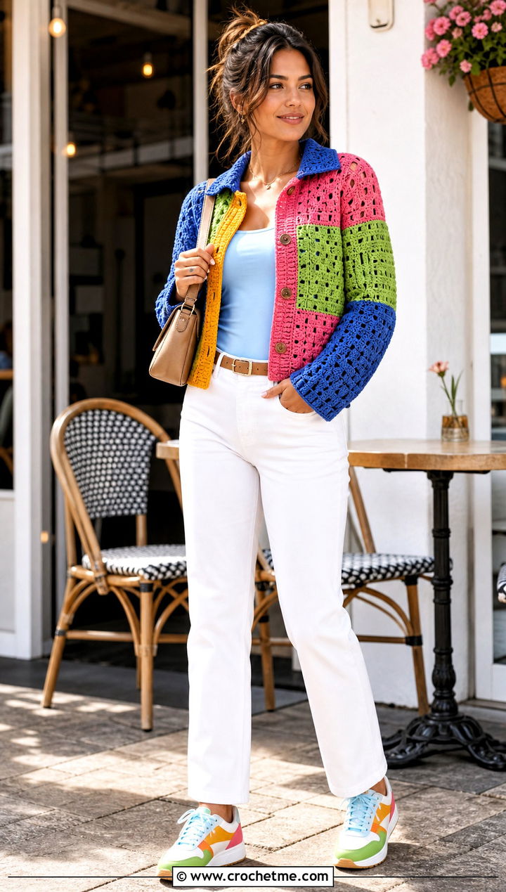 Patchwork Howls Crochet Jacket With White Jeans - 25 Howl's Crochet Jacket outfit ideas