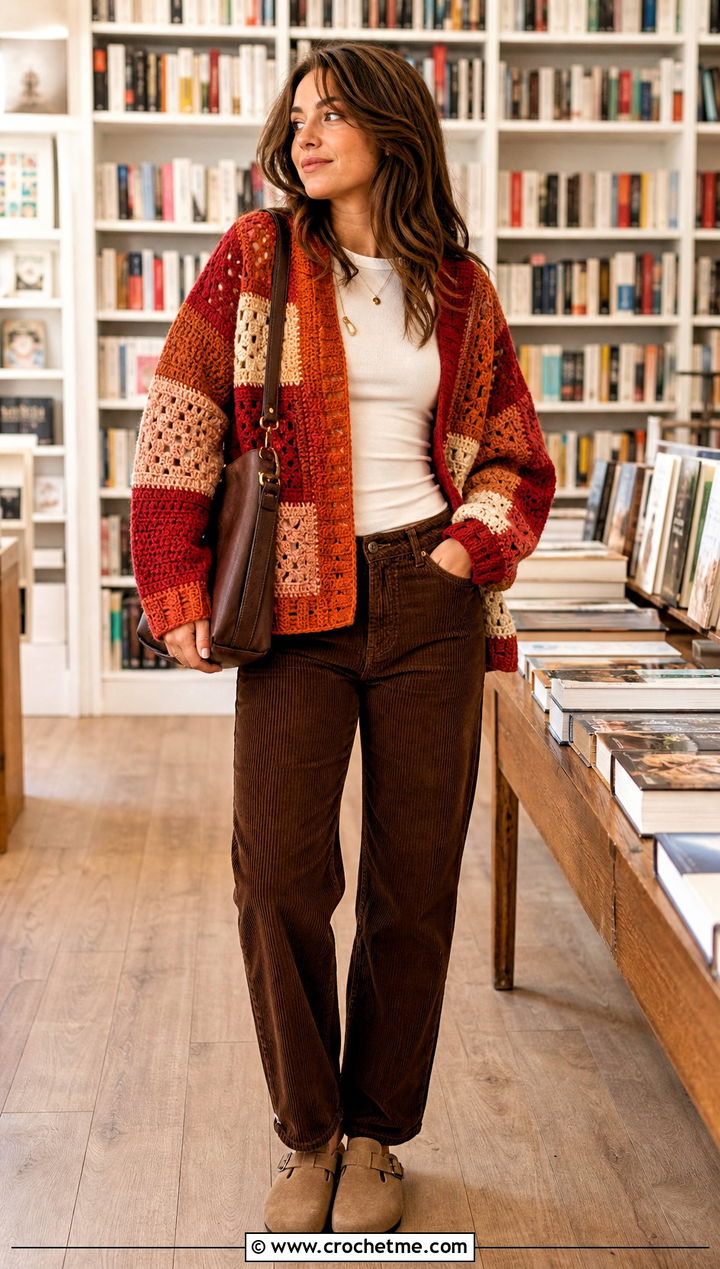Patchwork Howls Crochet Sweater With Corduroy Pants - 25 Howls Crochet Sweater outfit ideas