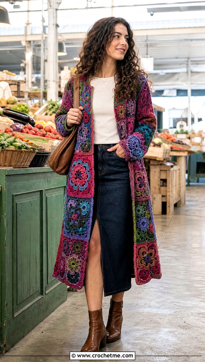 Patchwork Irish Crochet Coat With Denim Midi Skirt - 25 irish crochet coat outfit ideas