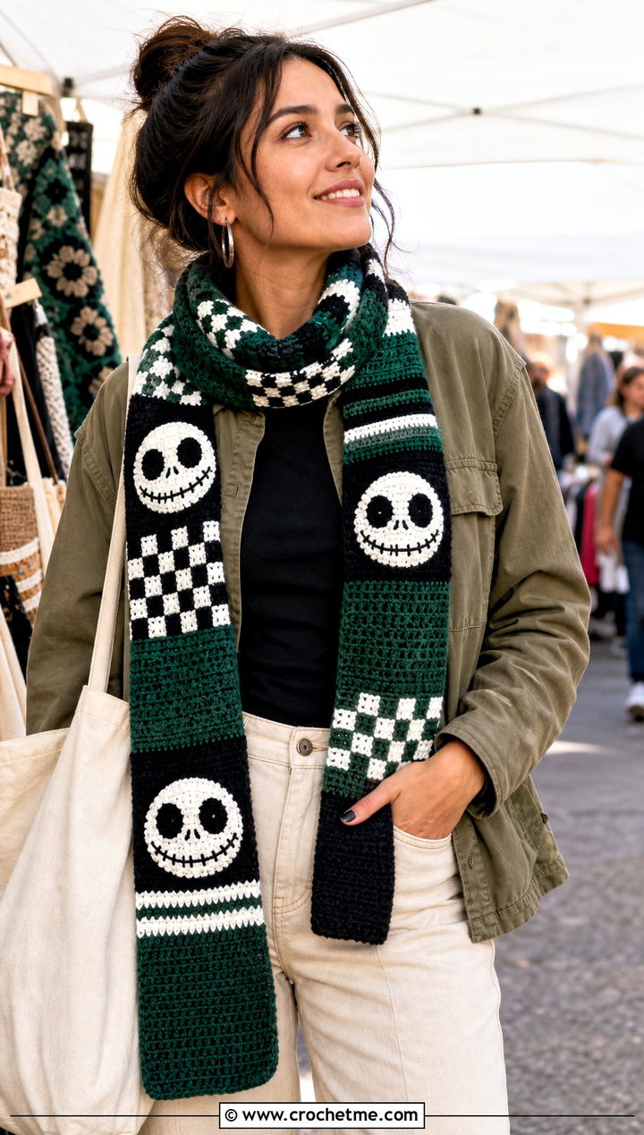 Patchwork Jack Skellington Crochet Scarf With Utility Jacket - 20 Crochet Jack Skellington Scarf outfit ideas