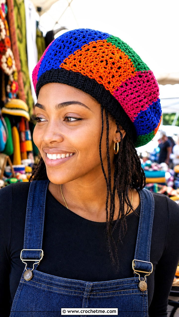 Patchwork Jamaican Crochet Tam With Overalls - 25 Jamaican Crochet Hat outfit ideas