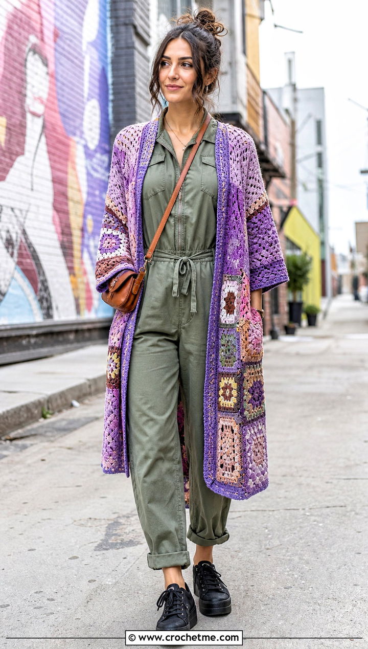 Patchwork Kimono Cardigan With Utility Jumpsuit - 25 kimono crochet cardigan outfit ideas