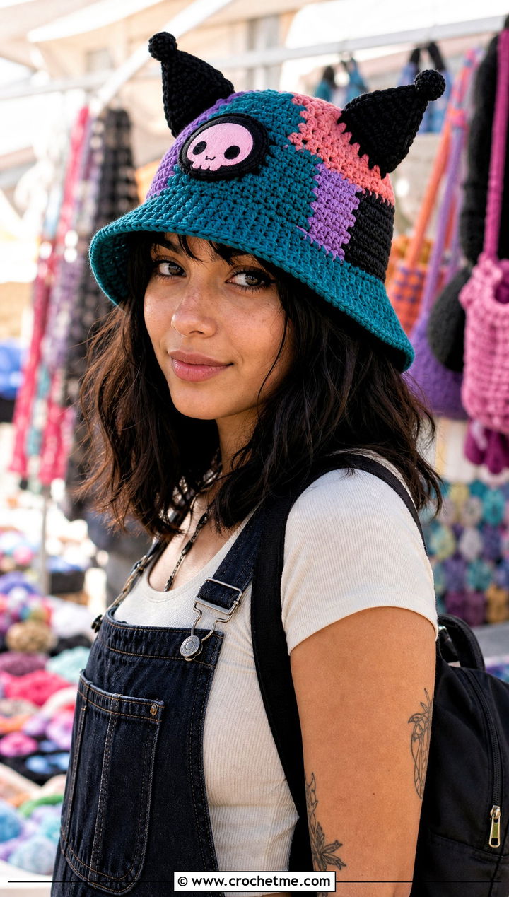 Patchwork Kuromi Crochet Bucket Hat With Overalls - 15 Kuromi Crochet Bucket Hat outfit ideas