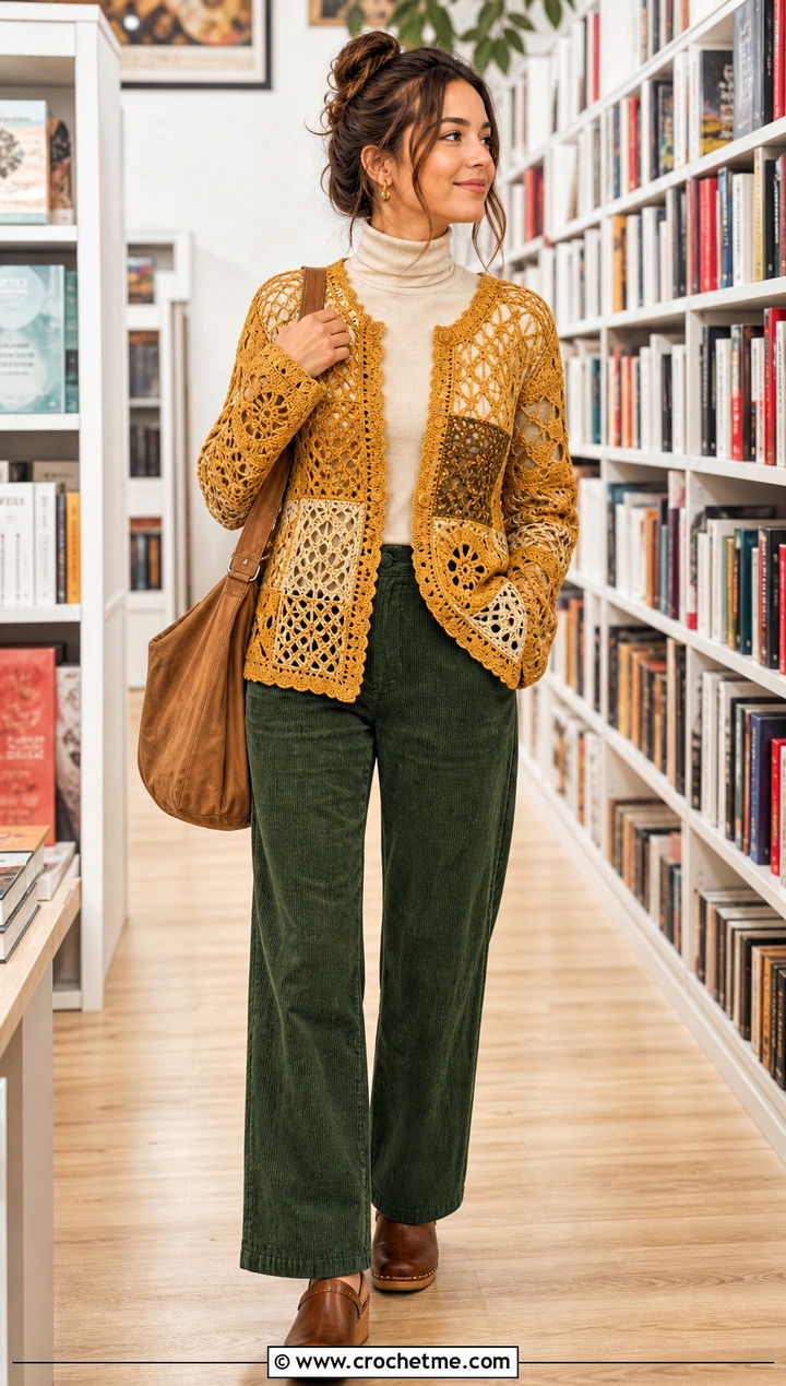 Patchwork Lace Crochet Cardigan With Corduroy Trousers - 15 Lacey Crochet Cardigan outfit ideas