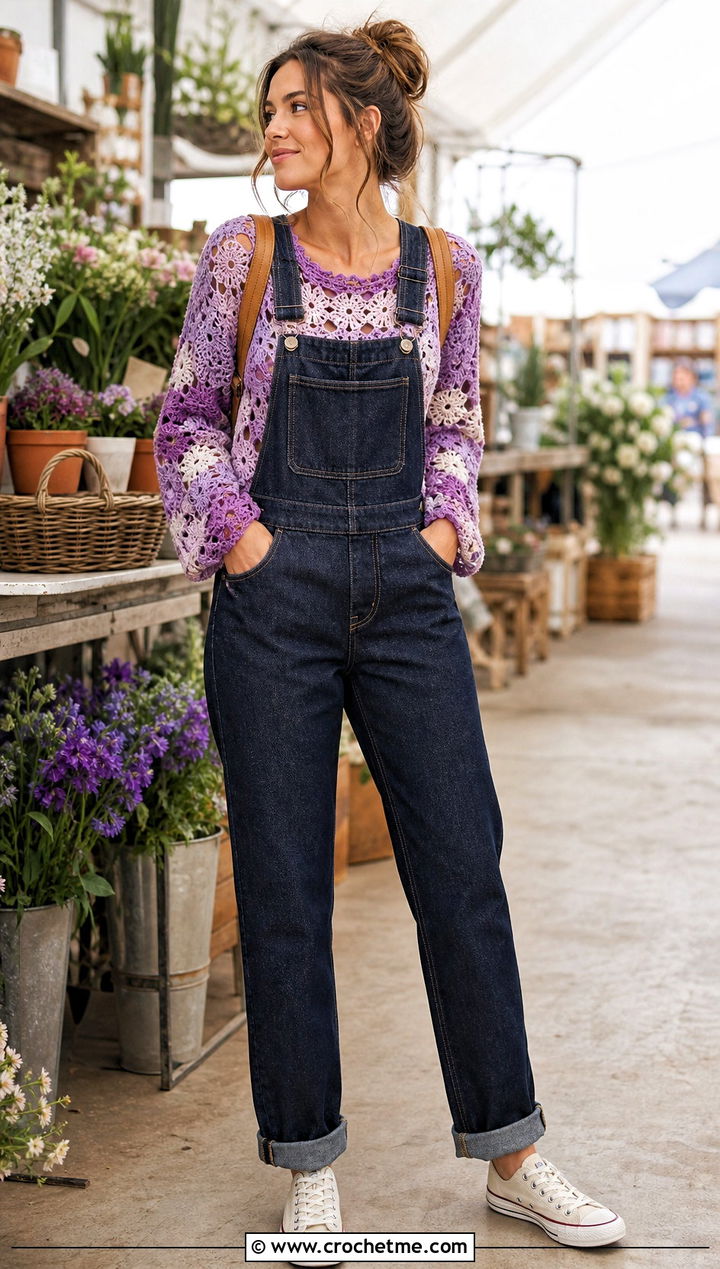 Patchwork Lace Crochet Sweater With Denim Overalls - 25 Lacy Crochet Sweater outfit ideas