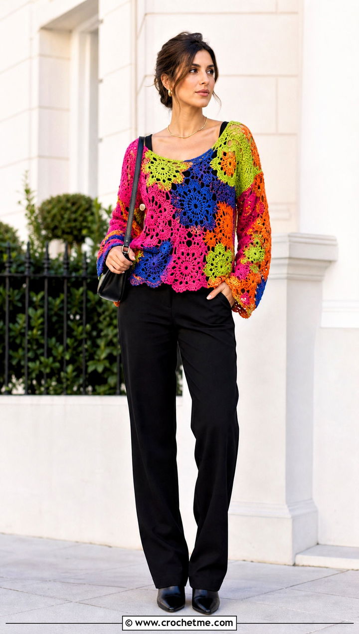 Patchwork Lace Crochet Sweater With Monochrome Basics - 25 lace crochet sweater outfit ideas