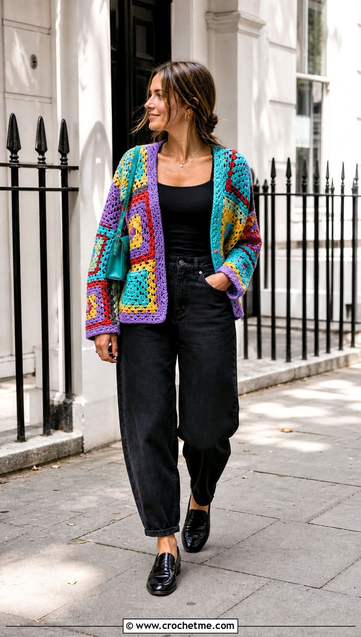 Patchwork Large Granny Square Sweater With Black Jeans - 35 large granny square sweater outfit ideas
