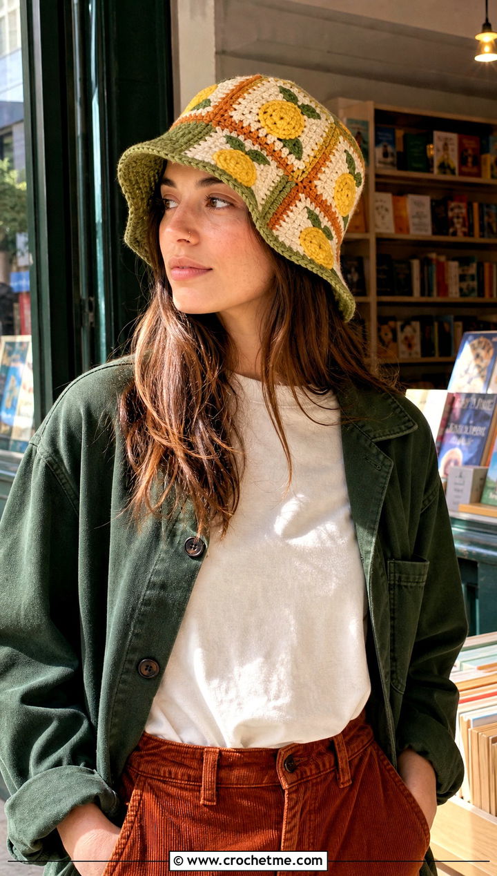 Patchwork Lemon Crochet Bucket Hat With Corduroy Pants - 25 Lemon Crochet Bucket Hat outfit ideas