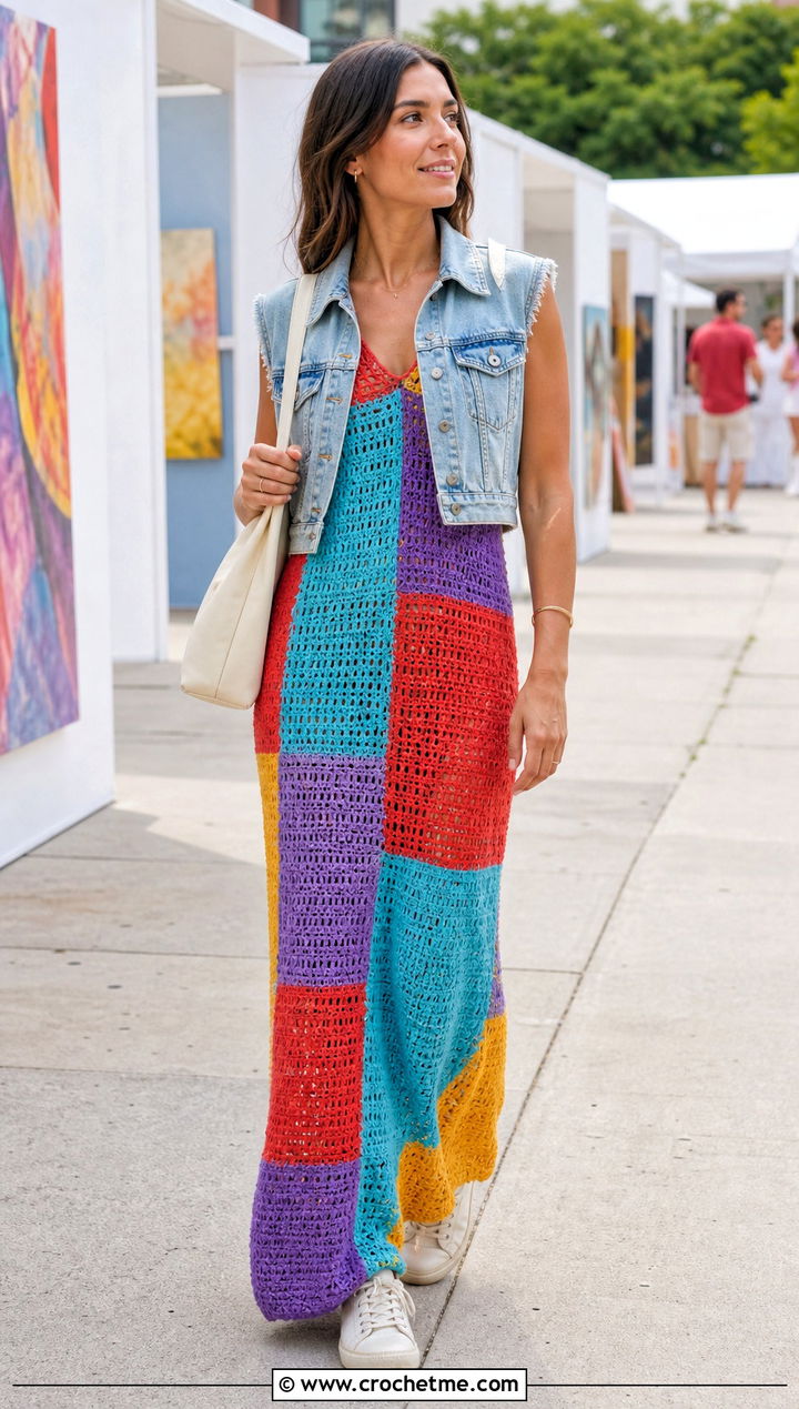 Patchwork Long Crochet Dress With Canvas Sneakers - 35 Long Crochet Dress outfit ideas