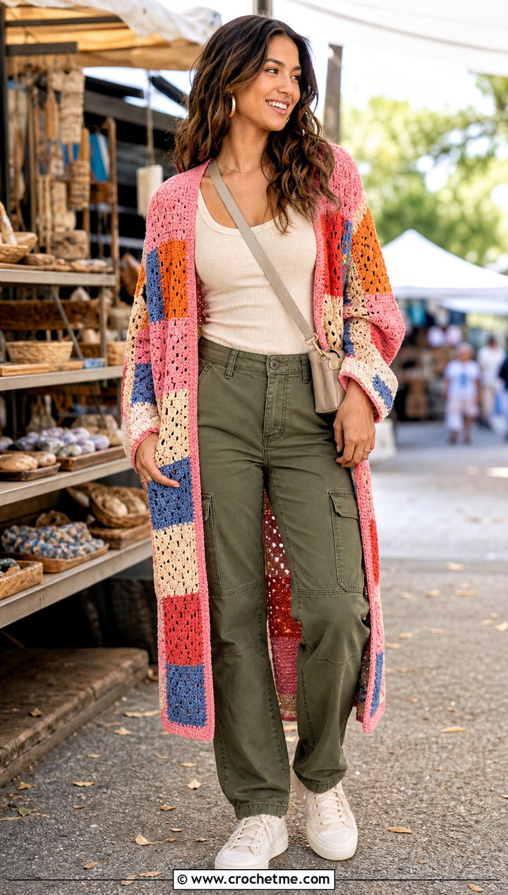 Patchwork Long Crochet Duster With Utility Pants - 25 Long Crochet Duster outfit ideas