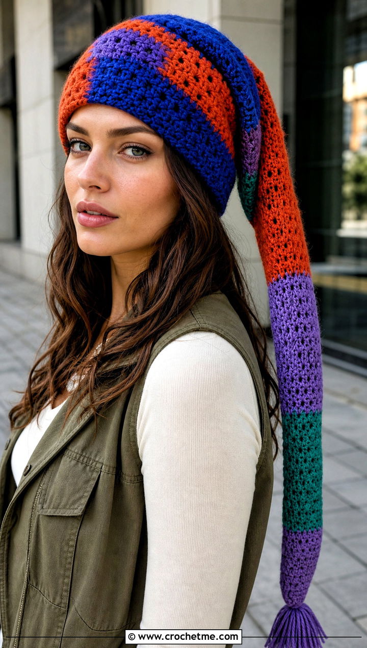 Patchwork Long Crochet Hat With Cargo Skirt - 30 crochet long hat outfit ideas