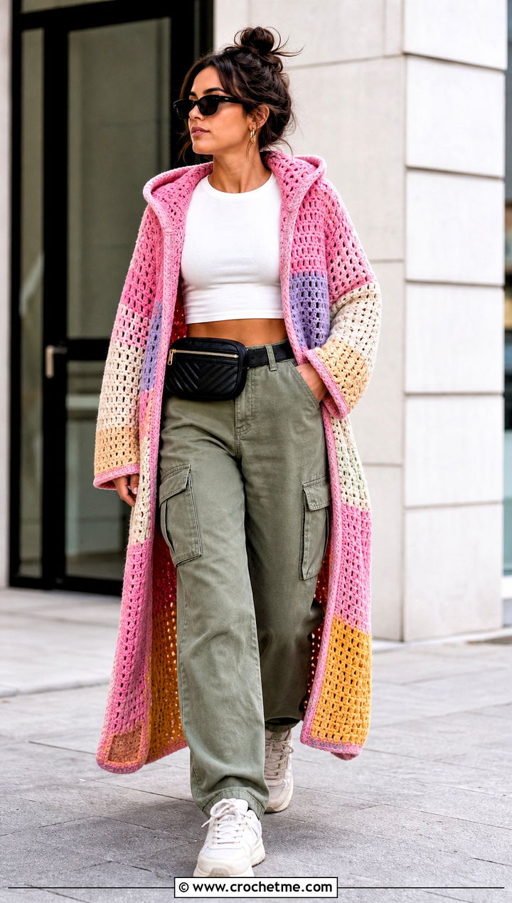 Patchwork Long Hooded Cardigan With Cargo Pants - 25 crochet long hooded cardigan outfit ideas