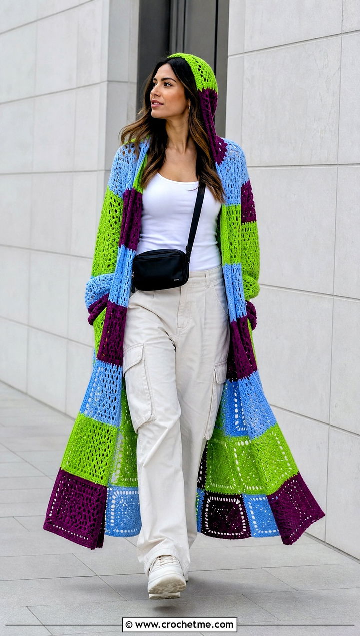 Patchwork Long Hooded Crochet Cape With Cargo Pants - 25 Long Hooded Crochet Cape outfit ideas