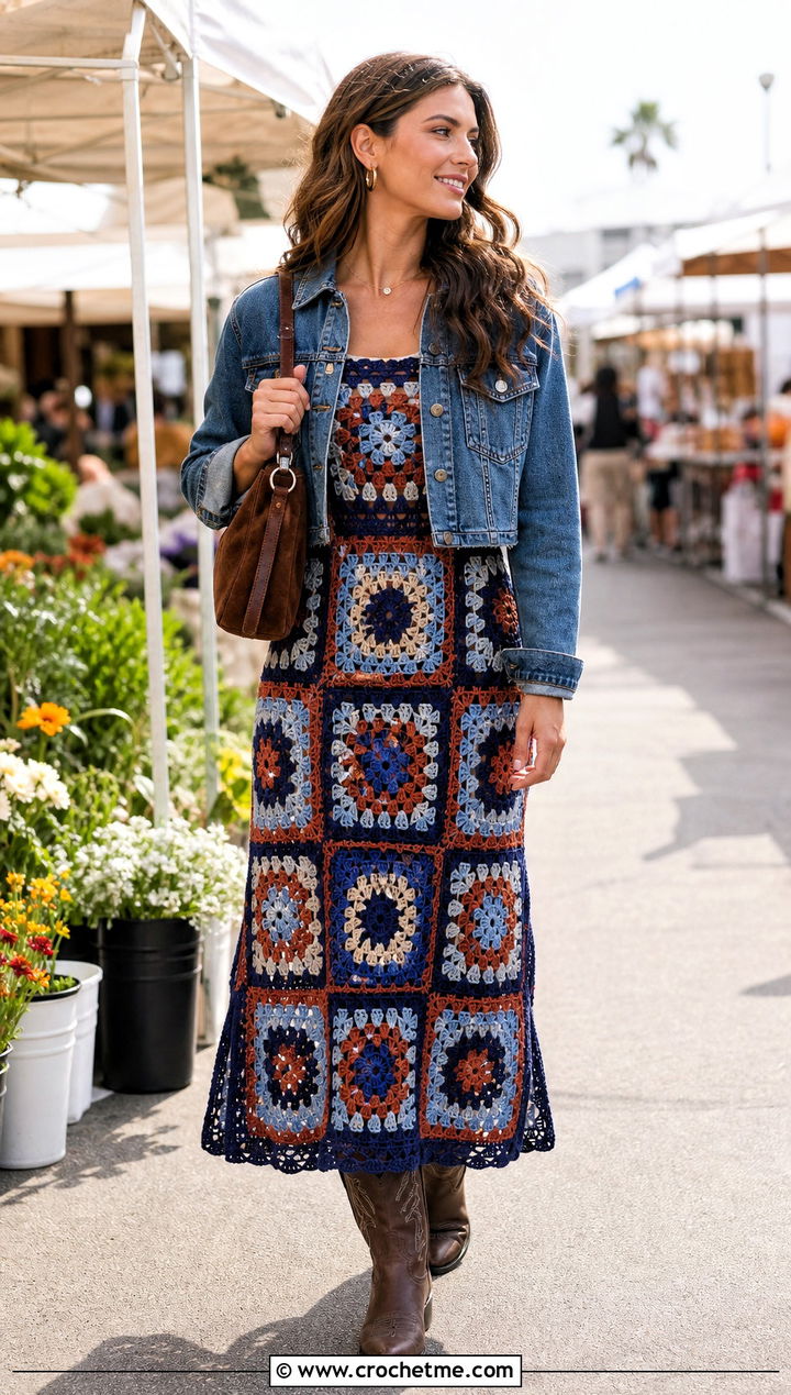 Patchwork Long Sleeve Crochet Sweater Dress With Western Boots - 25 long sleeve crochet sweater dress outfit ideas