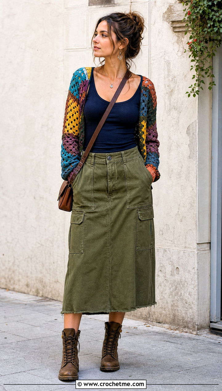 Patchwork Long Sleeve Crochet Top With Utility Skirt - 25 long sleeve crochet top outfit ideas