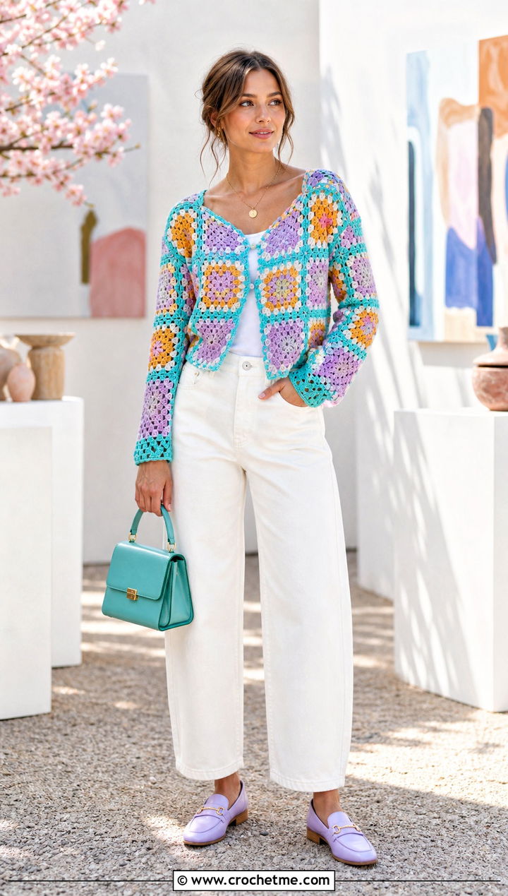 Patchwork Long Sleeve Crochet Top With White Jeans - 25 aesthetic long sleeve crochet tops outfit ideas