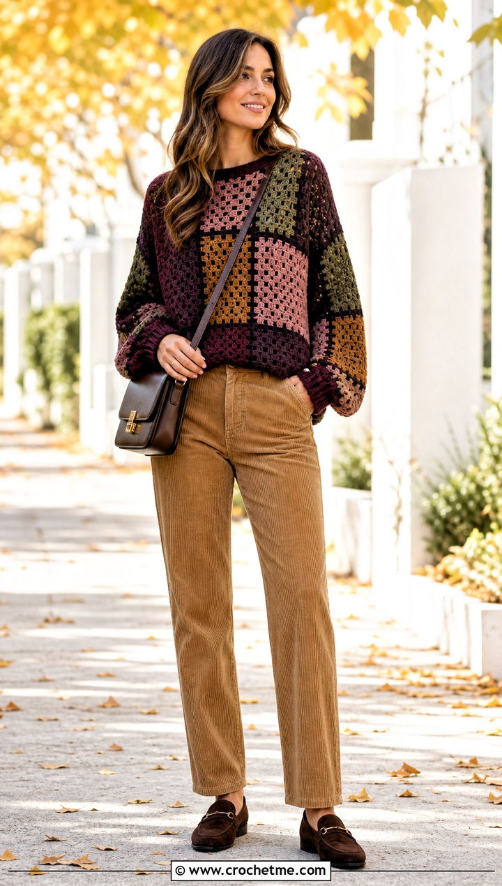 Patchwork Loose Crochet Sweater With Corduroy Pants - 30 loose crochet sweater outfit ideas
