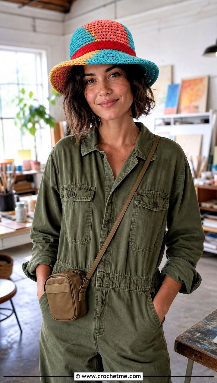 Patchwork Luffy Crochet Straw Hat With Utility Jumpsuit - 25 luffy crochet straw hat outfit ideas