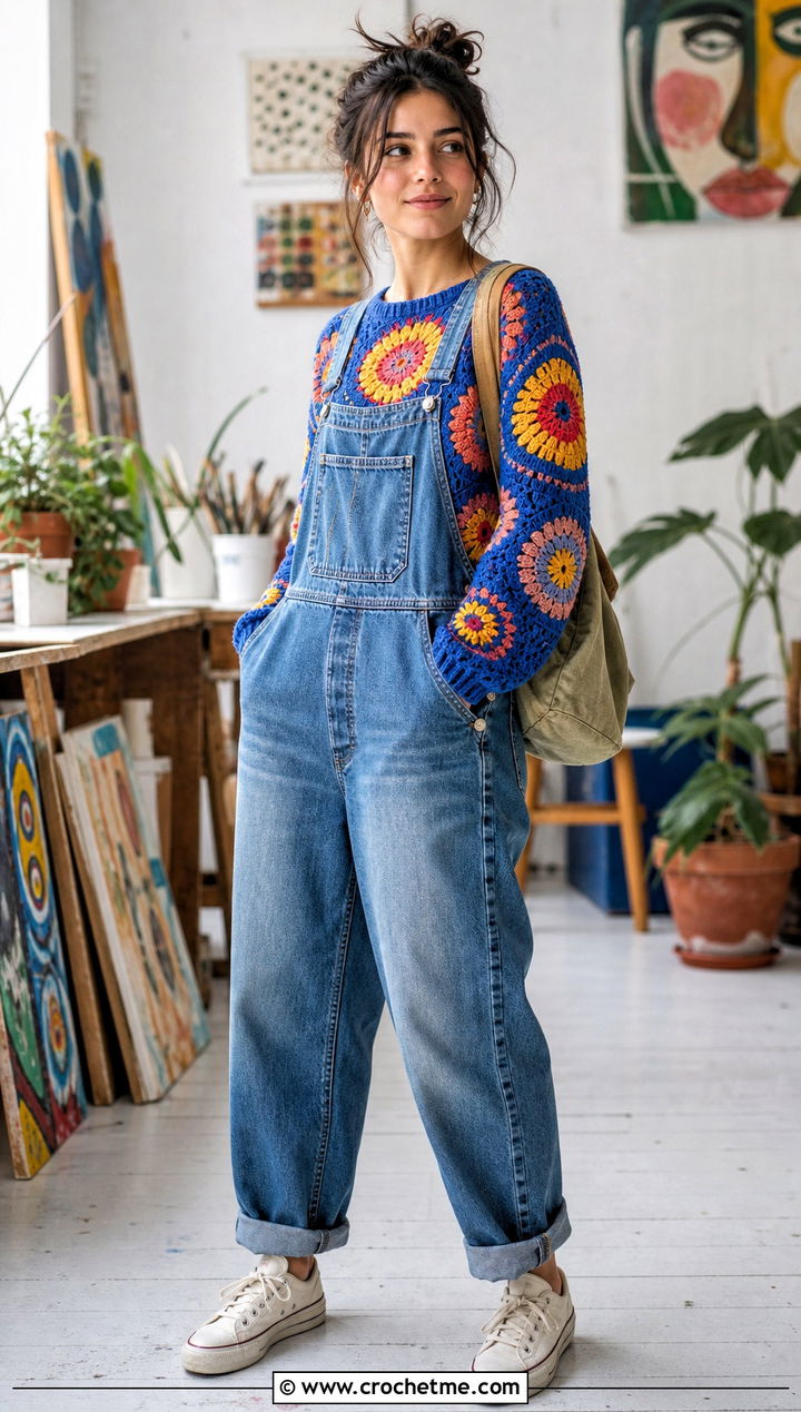 Patchwork Mandala Crochet Sweater With Denim Overalls - 25 Mandala Crochet Sweater outfit ideas