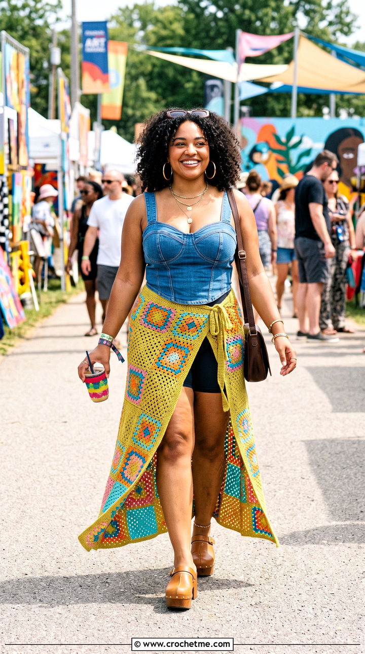 Patchwork Maxi Crochet Sarong With Denim Bustier - 35 crochet sarong outfit ideas