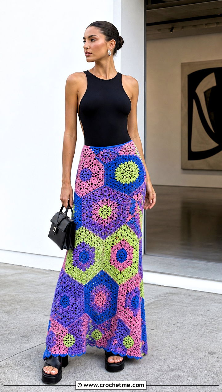 Patchwork Maxi Crochet Skirt With Black Bodysuit - 35 maxi crochet skirt outfit ideas