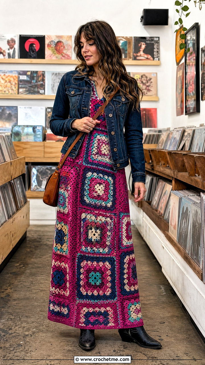 Patchwork Maxi Crochet Winter Dress With Denim Jacket - 35 crochet winter dress outfit ideas