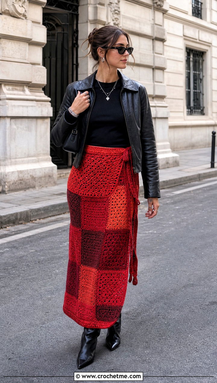 Patchwork Maxi Crochet Wrap Around Skirt With Leather Jacket - 30 crochet wrap around skirt outfit ideas