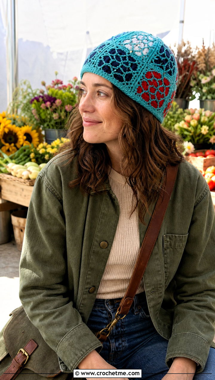 Patchwork Mayday Crochet Beanie With Workwear Jacket - 30 mayday crochet beanie outfit ideas