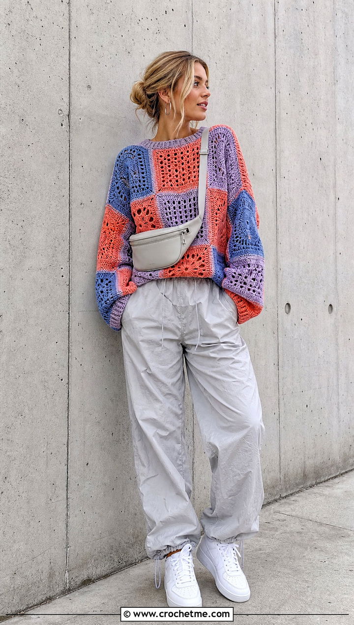 Patchwork Mcdreamy Crochet Sweater With Parachute Pants - 15 Mcdreamy Crochet Sweater outfit ideas