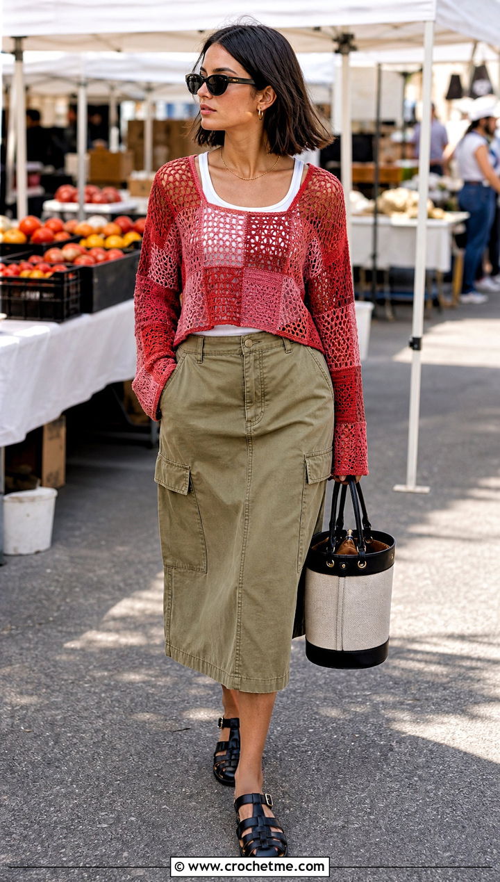 Patchwork Mesh Crochet Sweater With Utility Midi Skirt - 30 mesh crochet sweater outfit ideas