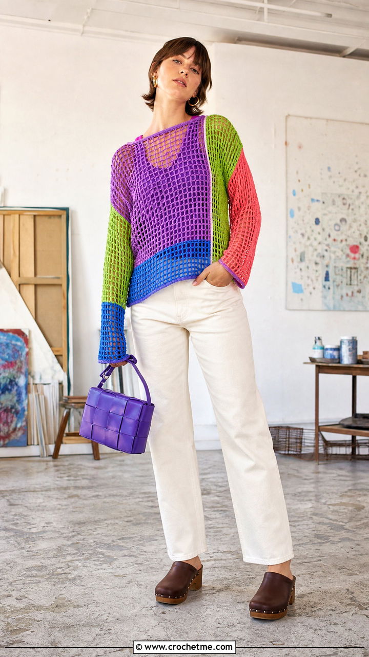 Patchwork Mesh Sweater With Ecru Jeans - 35 crochet net sweater outfit ideas