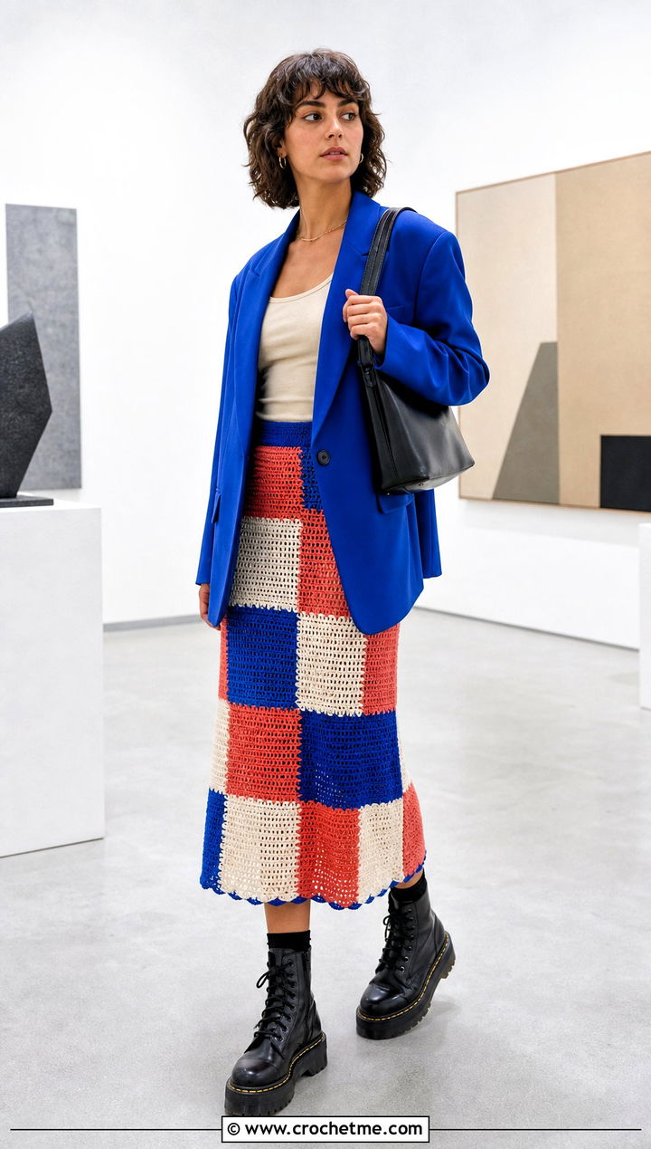 Patchwork Midi Crochet Skirt With Oversized Blazer - 30 midi crochet skirt outfit ideas
