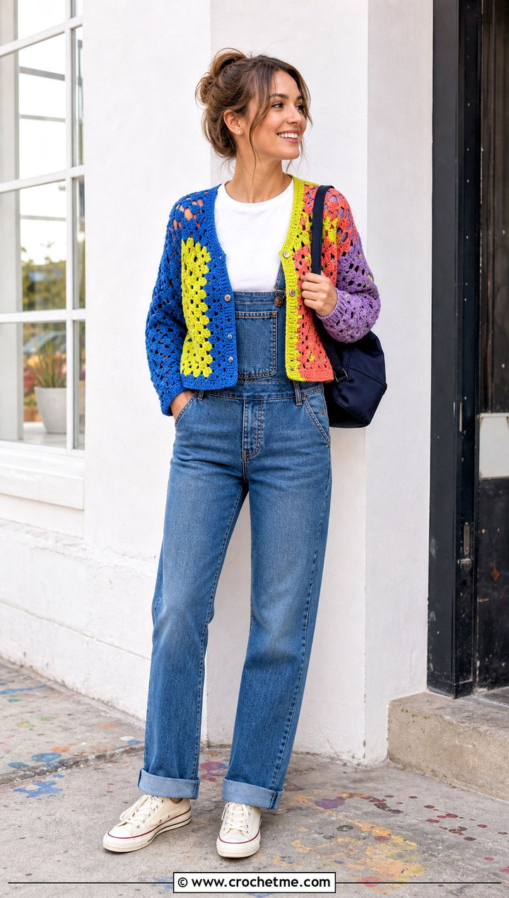 Patchwork Mini Crochet Cardigan With Denim Overalls - 35 mini crochet cardigan outfit ideas