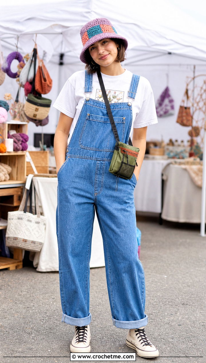 Patchwork Mohair Crochet Bucket Hat With Overalls And Graphic Tee - 35 Mohair Crochet Hat outfit ideas