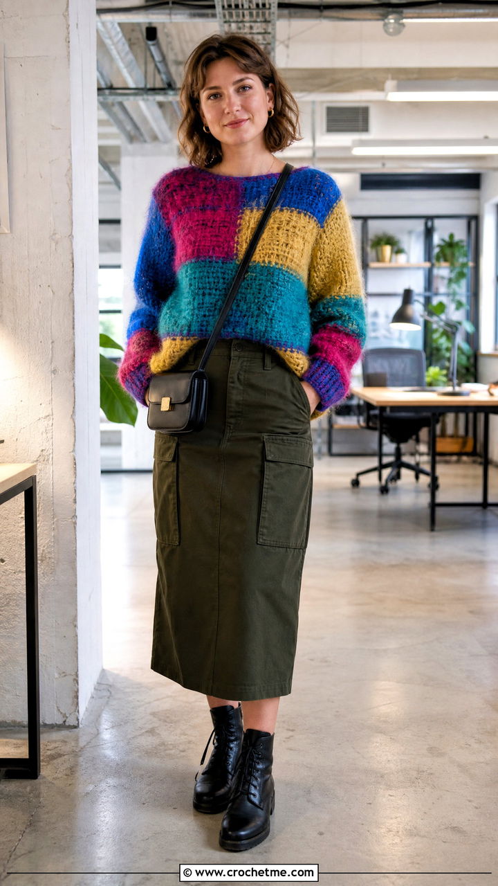 Patchwork Mohair Crochet Sweater With Utility Skirt - 35 mohair crochet sweater outfit ideas