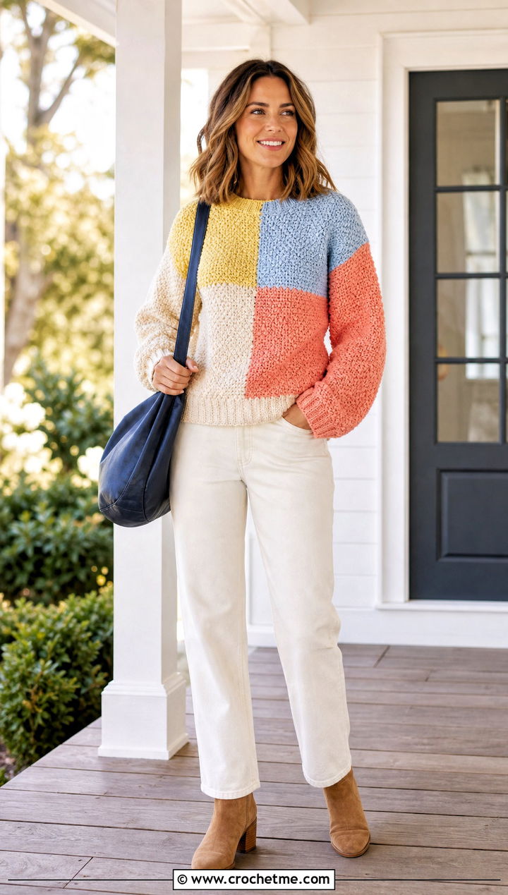Patchwork Moss Stitch Crochet Sweater With Ecru Jeans - 25 Moss Stitch Crochet Sweater outfit ideas