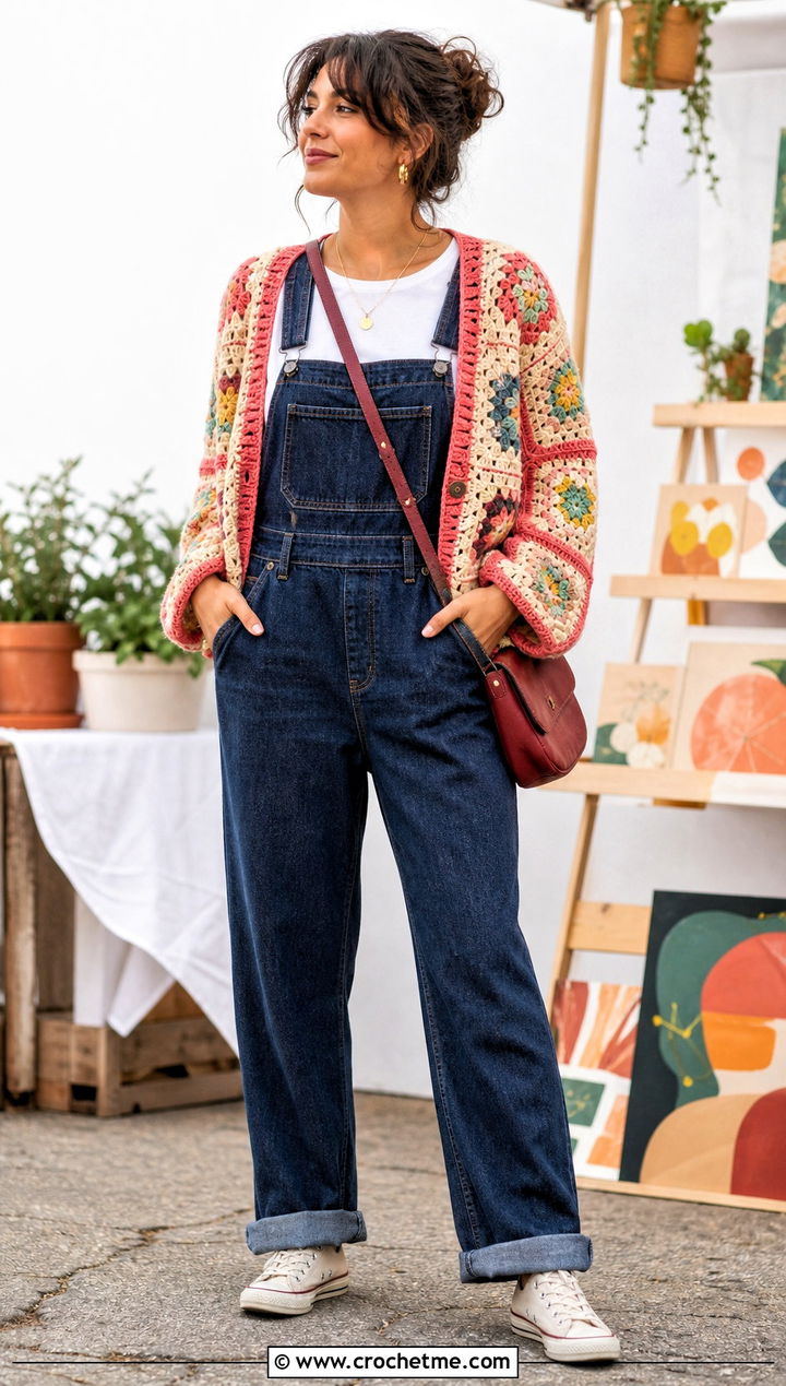 Patchwork Motif Crochet Cardigan With Overalls - 30 Crochet Lightweight Cardigan outfit ideas