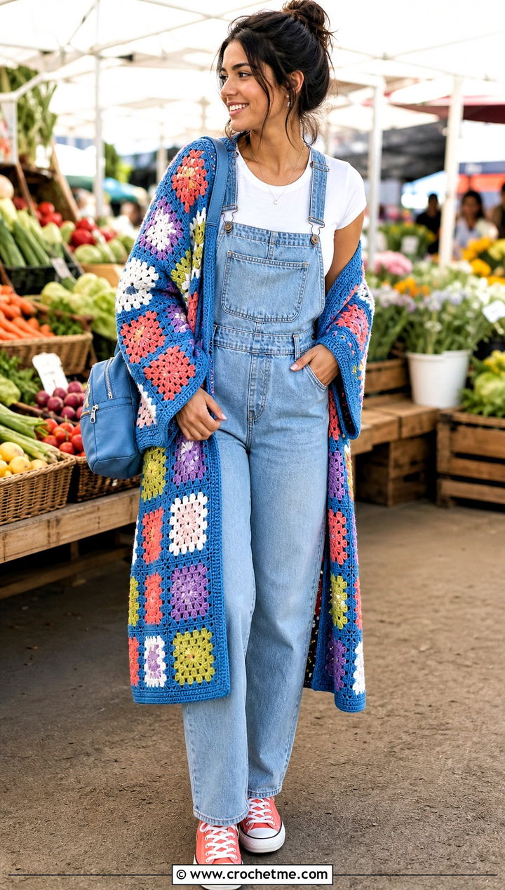 Patchwork Motif Crochet Wrap With Overalls - 30 crochet summer wrap outfit ideas