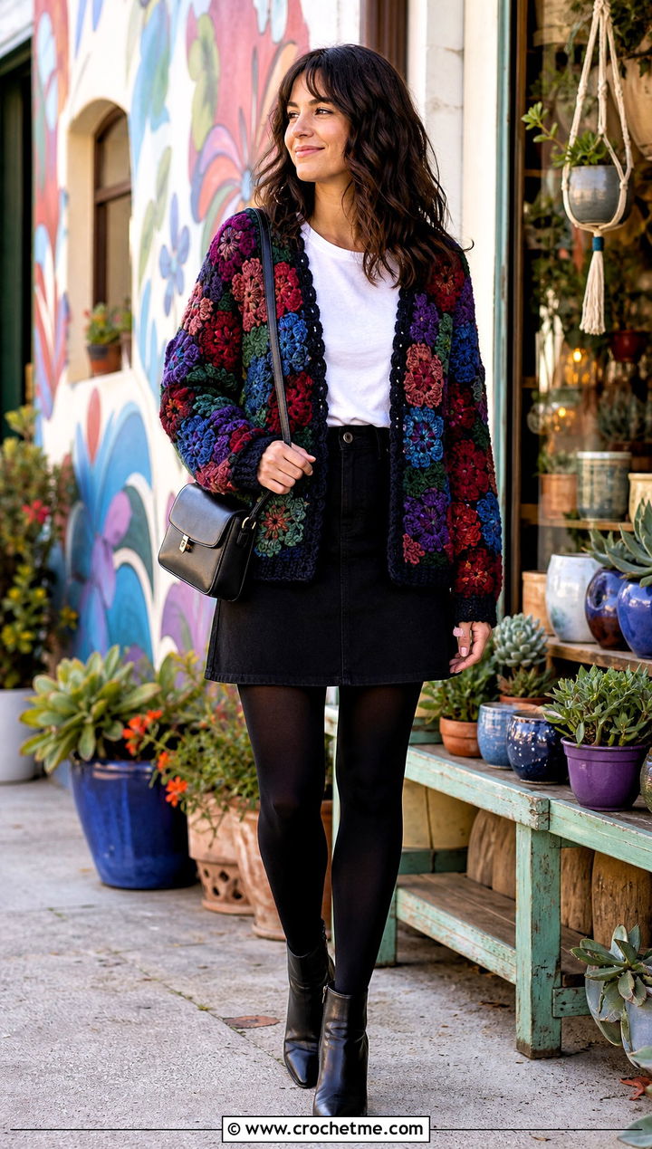 Patchwork Motif Irish Crochet Cardigan With Mini Skirt - 25 Irish Crochet Cardigan outfit ideas