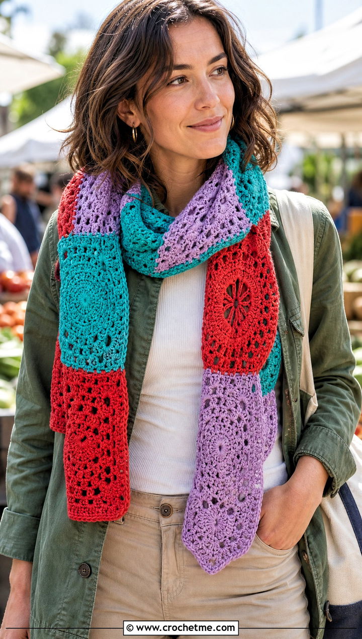Patchwork Motif Wide Scarf With Utility Jacket And Chinos - 20 Crochet Wide Scarf outfit ideas