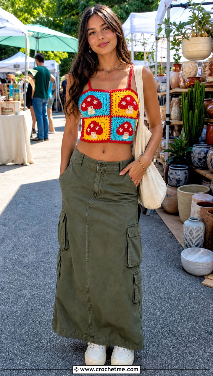 Patchwork Mushroom Crochet Crop Top With Cargo Maxi Skirt - 15 Crochet Mushroom Crop Top outfit ideas